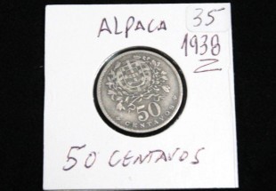 Moeda da República Portuguesa de 50 centavos de Alpaca 1938 RARA