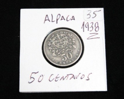 Moeda da República Portuguesa de 50 centavos de Alpaca 1938 RARA