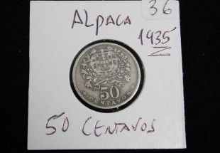 Moeda da República Portuguesa de 50 centavos, Alpaca 1935, moeda BASTANTE ESCASSA