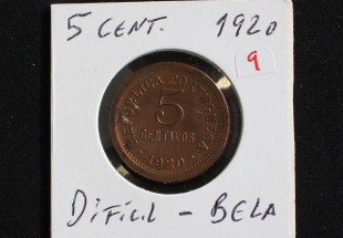 Moeda da República Portuguesa de 5 centavos em Bronze de 1920