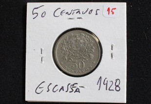 Moeda da República Portuguesa de 50 centavos de Alpaca 1928 , RARA neste estado de conservação BELA +