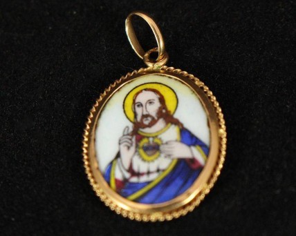 Medalha em OURO e esmalte, com imagem 'Coração de Jesus'