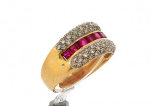 Anel em OURO Bicolor de 18K - 52 DIAMANTES e RUBIS