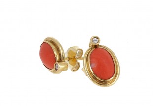 Brincos em OURO 19,2k - 2 DIAMANTES e CORAL