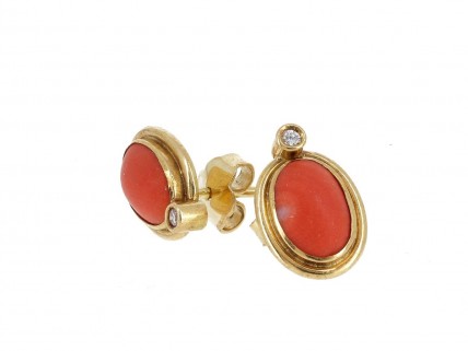 Brincos em OURO 19,2k - 2 DIAMANTES e CORAL